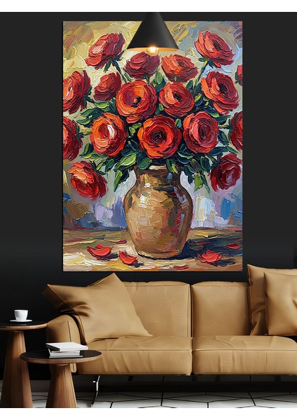 Kırmızı Güllerden Oluşan Güzel Vazo Dekoratif Kanvas - Mdf Ahşap Tablo fiyatları