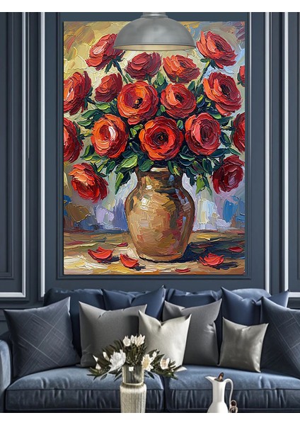 Kırmızı Güllerden Oluşan Güzel Vazo Dekoratif Kanvas - Mdf Ahşap Tablo fırsatları
