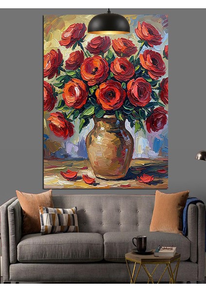 Kırmızı Güllerden Oluşan Güzel Vazo Dekoratif Kanvas - Mdf Ahşap Tablo indirimleri