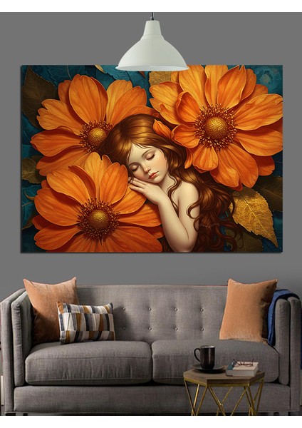 Turuncu Çiçekler Içinde Uyuyan Kız Dekoratif Kanvas - Mdf Ahşap Tablo