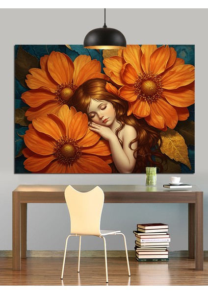 Turuncu Çiçekler Içinde Uyuyan Kız Dekoratif Kanvas - Mdf Ahşap Tablo fiyatları