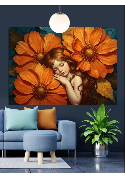 Turuncu Çiçekler Içinde Uyuyan Kız Dekoratif Kanvas - Mdf Ahşap Tablo modelleri