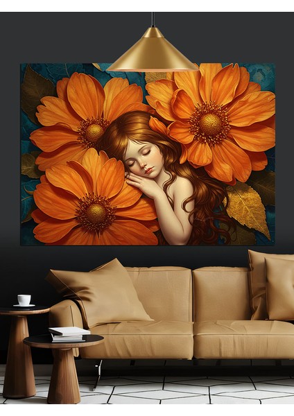 Turuncu Çiçekler Içinde Uyuyan Kız Dekoratif Kanvas - Mdf Ahşap Tablo fırsatları