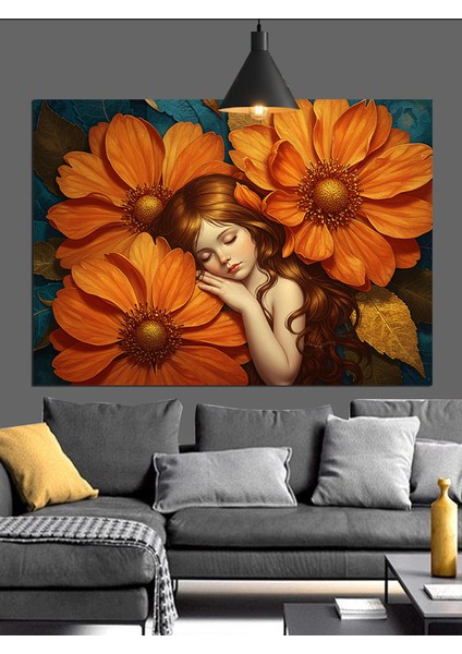 Turuncu Çiçekler Içinde Uyuyan Kız Dekoratif Kanvas - Mdf Ahşap Tablo indirimleri