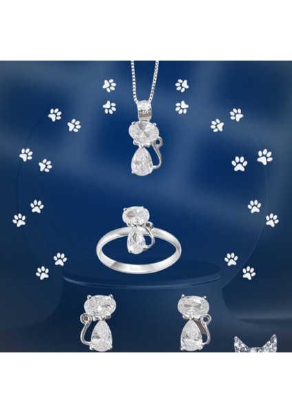 925 Ayar Gümüş Taşlı Kedili Takı Seti (Yüzük, Küpe, Kolye Ucu)