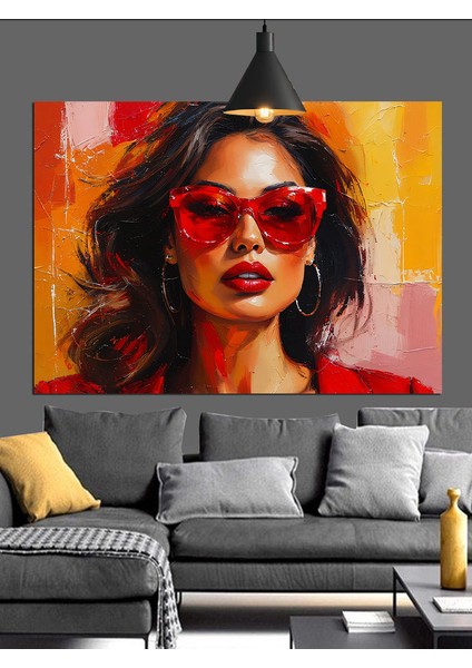 Kırmızı Gözlüklü Şık Kadın Dekoratif Kanvas - Mdf Ahşap Tablo