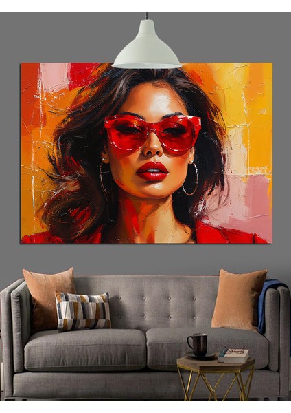 Kırmızı Gözlüklü Şık Kadın Dekoratif Kanvas - Mdf Ahşap Tablo fiyatları