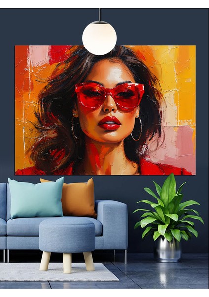 Kırmızı Gözlüklü Şık Kadın Dekoratif Kanvas - Mdf Ahşap Tablo fırsatları