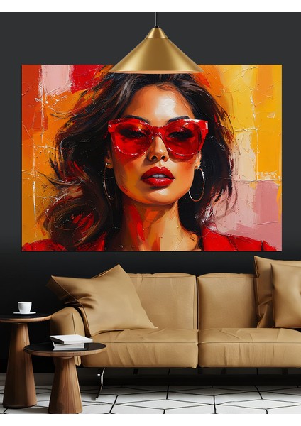 Kırmızı Gözlüklü Şık Kadın Dekoratif Kanvas - Mdf Ahşap Tablo indirimleri