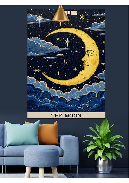 Bulutlu Gökyüzünde Hilal ve Yıldızlar Dekoratif Kanvas - Mdf Ahşap Tablo