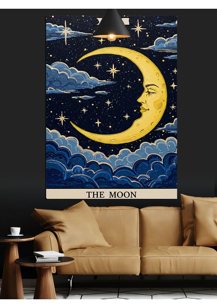 Bulutlu Gökyüzünde Hilal ve Yıldızlar Dekoratif Kanvas - Mdf Ahşap Tablo fiyatları