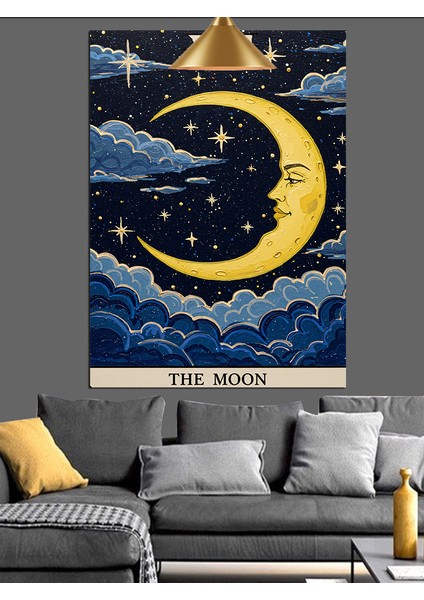 Bulutlu Gökyüzünde Hilal ve Yıldızlar Dekoratif Kanvas - Mdf Ahşap Tablo modelleri