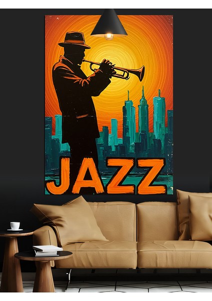 Enerjik Caz Müzisyeni Silüeti Posteri Dekoratif Kanvas - Mdf Ahşap Tablo