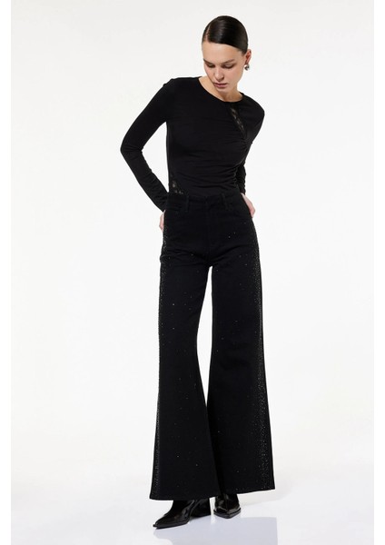 Kadın Koton x Sibil Çetinkaya - Taş Detaylı Çıtçıt Düğmeli Cepli Geniş Ispanyol Paça Jean Pantolon - Flare Jean 6WAL40207MD