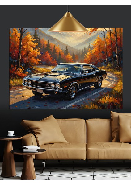 Kırmızı Araba Sonbahar Ormanı Dekoratif Kanvas - Mdf Ahşap Tablo