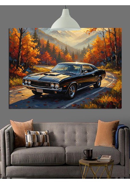 Kırmızı Araba Sonbahar Ormanı Dekoratif Kanvas - Mdf Ahşap Tablo modelleri