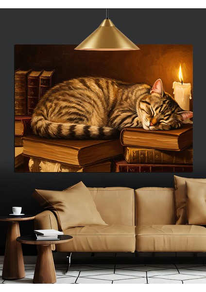 Uyuyan Çizgili Kedi Keyifli Dekoratif Kanvas - Mdf Ahşap Tablo