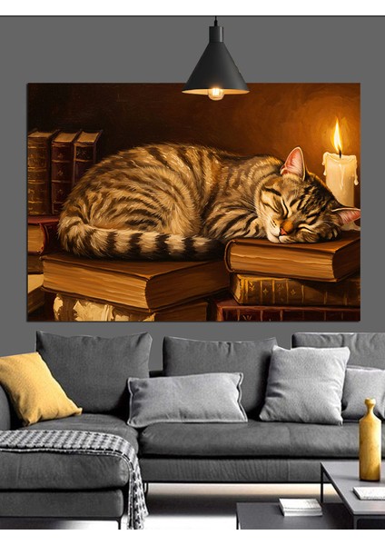 Uyuyan Çizgili Kedi Keyifli Dekoratif Kanvas - Mdf Ahşap Tablo fiyatları