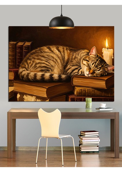 Uyuyan Çizgili Kedi Keyifli Dekoratif Kanvas - Mdf Ahşap Tablo fırsatları