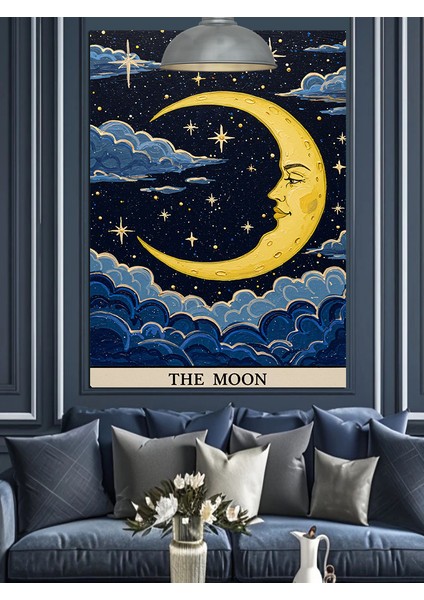 Bulutlu Gökyüzünde Hilal ve Yıldızlar Dekoratif Kanvas - Mdf Ahşap Tablo fırsatları