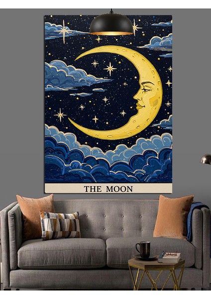 Bulutlu Gökyüzünde Hilal ve Yıldızlar Dekoratif Kanvas - Mdf Ahşap Tablo indirimleri