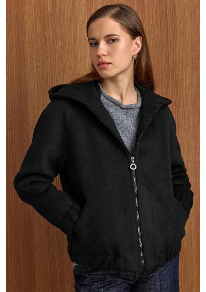 Kapüşonlu Beli Lastikli Oversize Kısa Kaban SİYAH 3162