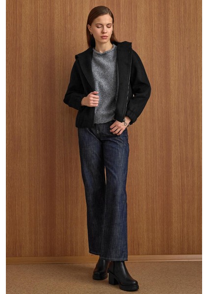 Kapüşonlu Beli Lastikli Oversize Kısa Kaban SİYAH 3162