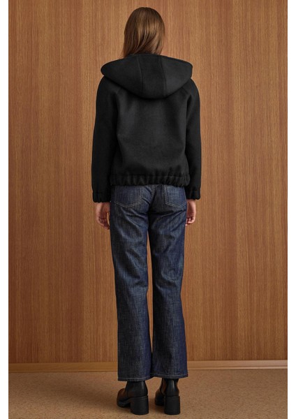 Kapüşonlu Beli Lastikli Oversize Kısa Kaban SİYAH 3162
