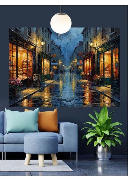 Yağmurlu Gece Sokak Yansıması Dekoratif Kanvas - Mdf Ahşap Tablo