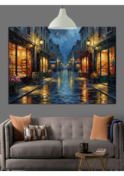 Yağmurlu Gece Sokak Yansıması Dekoratif Kanvas - Mdf Ahşap Tablo fırsatları