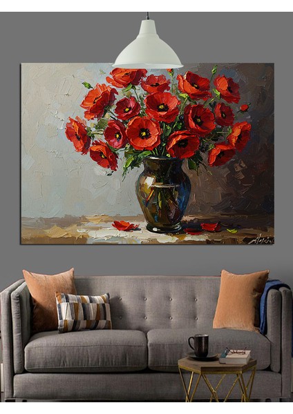 Kırmızı Haşhaş Çiçeği Vazo Natürmort Dekoratif Kanvas - Mdf Ahşap Tablo