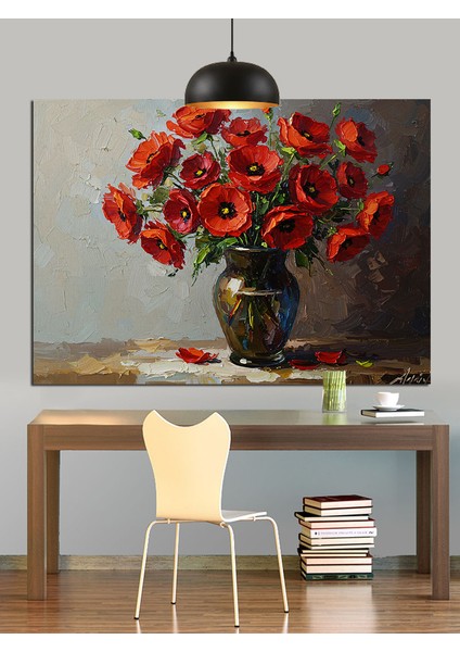 Kırmızı Haşhaş Çiçeği Vazo Natürmort Dekoratif Kanvas - Mdf Ahşap Tablo fiyatları