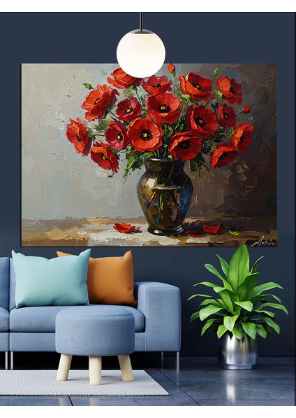 Kırmızı Haşhaş Çiçeği Vazo Natürmort Dekoratif Kanvas - Mdf Ahşap Tablo modelleri