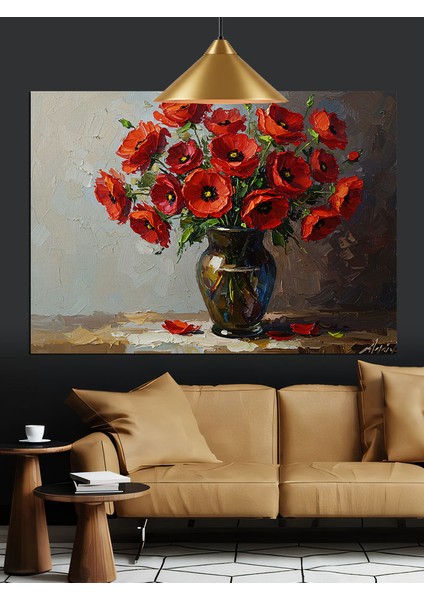 Kırmızı Haşhaş Çiçeği Vazo Natürmort Dekoratif Kanvas - Mdf Ahşap Tablo fırsatları