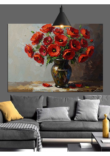 Kırmızı Haşhaş Çiçeği Vazo Natürmort Dekoratif Kanvas - Mdf Ahşap Tablo indirimleri