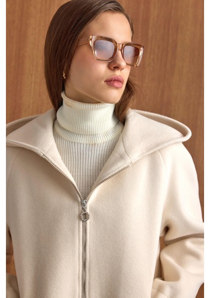 Kapüşonlu Beli Lastikli Oversize Kısa Kaban EKRU 3162