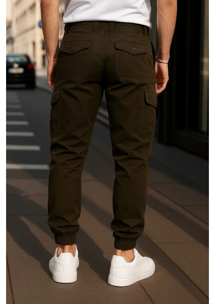 Erkek Lastikli Trend Yüksek Bel Haki Kargo Pantolon