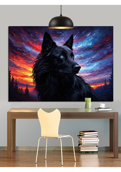 Kara Kurt Mavi Göz Gece Dekoratif Kanvas - Mdf Ahşap Tablo
