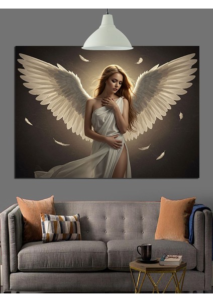 Büyük Beyaz Kanatlı Melek Kadın Dekoratif Kanvas - Mdf Ahşap Tablo