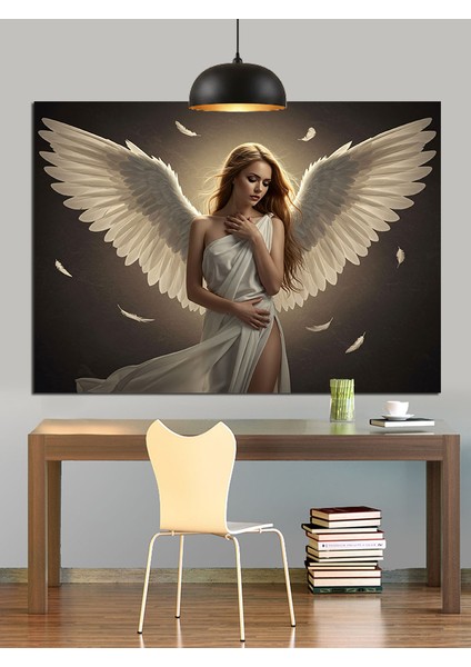 Büyük Beyaz Kanatlı Melek Kadın Dekoratif Kanvas - Mdf Ahşap Tablo fiyatları