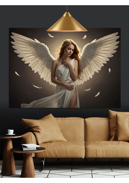 Büyük Beyaz Kanatlı Melek Kadın Dekoratif Kanvas - Mdf Ahşap Tablo fırsatları