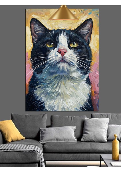 Siyah Beyaz Tüylü Kedi Portresi Dekoratif Kanvas - Mdf Ahşap Tablo