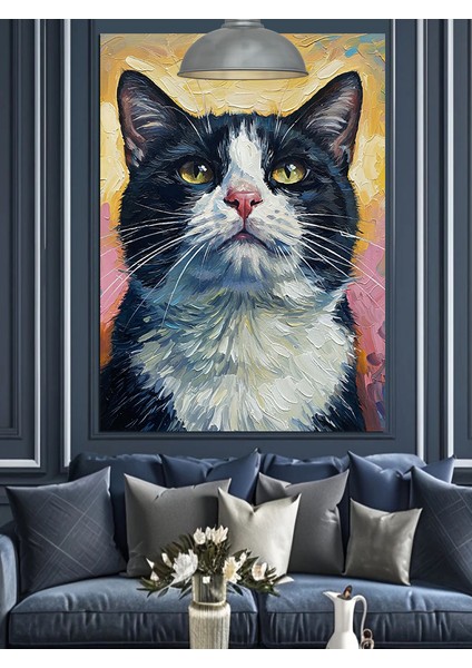 Siyah Beyaz Tüylü Kedi Portresi Dekoratif Kanvas - Mdf Ahşap Tablo fiyatları