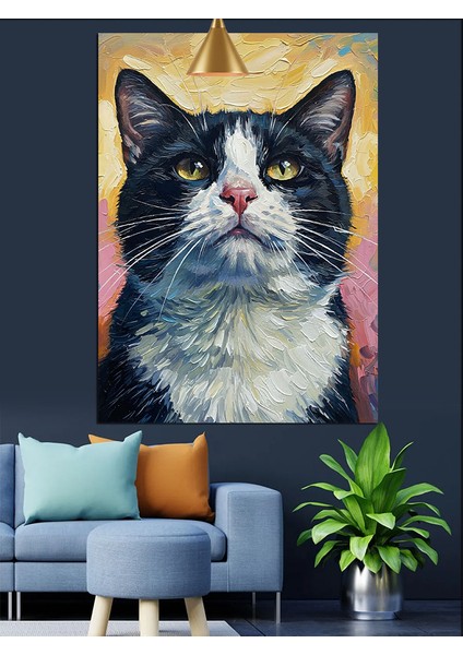 Siyah Beyaz Tüylü Kedi Portresi Dekoratif Kanvas - Mdf Ahşap Tablo fırsatları