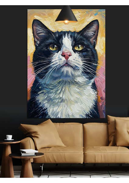 Siyah Beyaz Tüylü Kedi Portresi Dekoratif Kanvas - Mdf Ahşap Tablo indirimleri