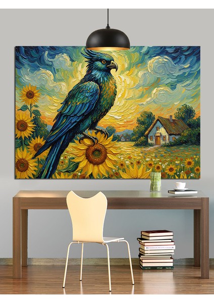 Mavi Kuş ve Ay Çiçeği Dekoratif Kanvas - Mdf Ahşap Tablo