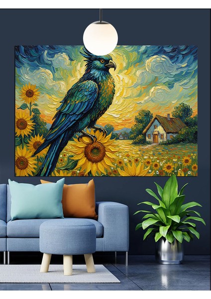 Mavi Kuş ve Ay Çiçeği Dekoratif Kanvas - Mdf Ahşap Tablo fiyatları