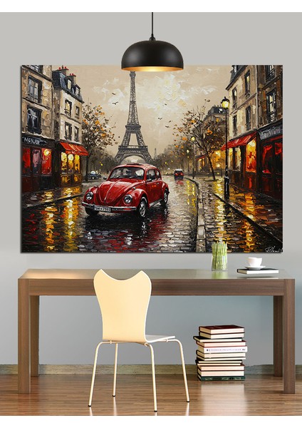 Paris Eyfel Kulesi Klasik Araba Dekoratif Kanvas - Mdf Ahşap Tablo