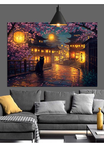 Kiraz Çiçeği Işıklı Sokak Gece Dekoratif Kanvas - Mdf Ahşap Tablo modelleri