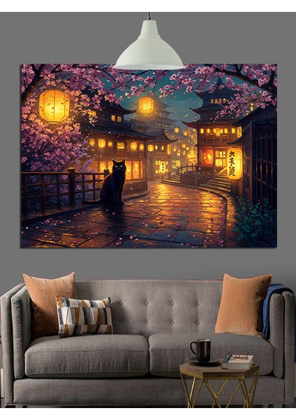 Kiraz Çiçeği Işıklı Sokak Gece Dekoratif Kanvas - Mdf Ahşap Tablo fırsatları